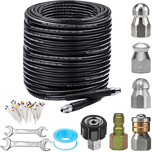 ZOFINE Abwasserdüsen-Set für Hochdruckreiniger, 4,5 m, 5800 PSI Abflussreiniger-Schlauch, 1/4 Zoll NPT-Ecke, drehbare und Knopfnase, Kanalisationsdüse, Perlen-Anstecknadel, wasserdichtes Klebeband mit