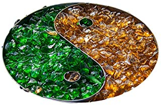 Yin und Yang Metall Gartendekoration mit Füllung von Glassteinen, Glassplitt bernstein und grün