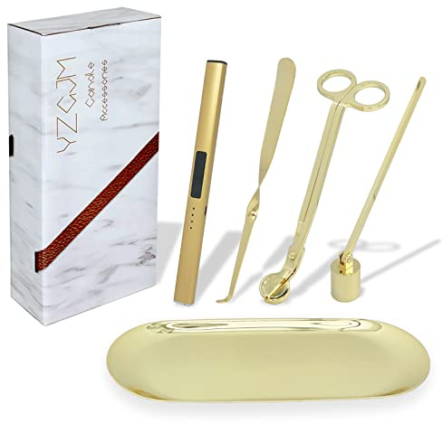 Exquisite Candle Accessories Tool Pack Bag, Rechargeable Electric Lighter， Wick Trimmer, Dipper, Snuffer and Tray Holder Elegant Kit Gift for Candle Lovers in Dating, Valentines Decor. ( Lemon Gold )