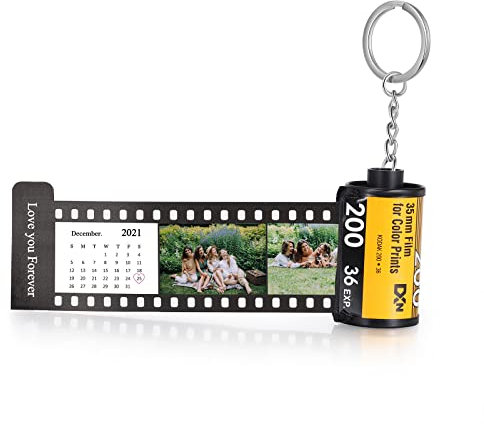 Jewelstruck Personalized Photo Film Roll Keychains Custom Picture Camera Key Chain Gifts for Boyfriend Couple BFF, 19 Photos+calendar+text, 47*25mm