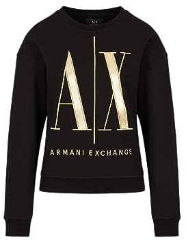 Armani Exchange Damen Icon, Maxi Embroidered Gold Logo, Cuffed Sleeves, Black, Medium Sweatshirt, Schwarz, M EU