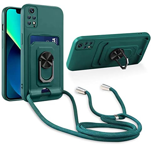 Aithne Handykette Hülle kompatibel mit Xiaomi Redmi Note 11 Pro/Redmi Note 11 Pro 5G, 360 Grad Ringhalter Stand [Kartenfach] mit Kordel zum Umhängen Silikon Schutzhülle - Grün