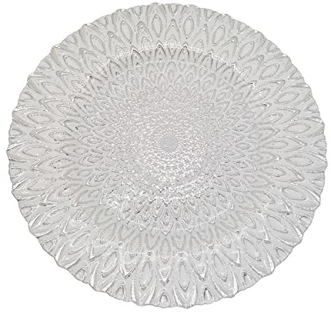 WedDecor 33cm Round Charger Plate, 1pc Charger Plate, for Centerpiece Presentation Dinner Plate Set, Weddings, Banquets, Christmas Parties Table Decorations, Silver Peacock Design