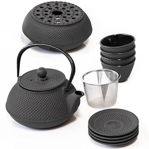 Asia-Teekanne Gusseisen Set - Japanische Teekanne Gusseisen Set mit Untersetzer, Stövchen & 4x Becher auch als Geschenkset Tee Teekanne mit Siebeinsatz als japanisches Geschirr Tee Set grau