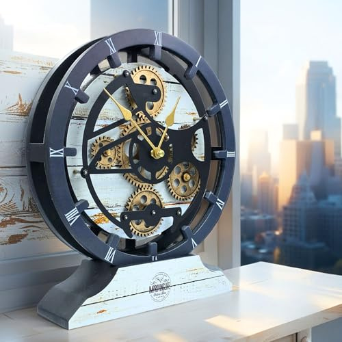 ImprovingLife The Gears Clock Schreibtischuhr, 25,4 cm, mit echten beweglichen Zahnrädern, umwandelbar in Wanduhr (Wüstenbeige)