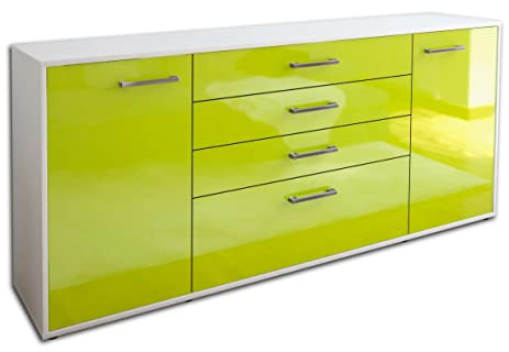 Lqliving Kommode Sideboard Eleni, Korpus in Weiss matt, Front im Hochglanz-Design Grün (180x79x35cm), inkl. Metall Griffen, Made in Germany