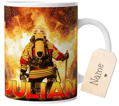 timalo® Tasse Motiv Feuerwehr mit Namen bedrucken lassen | Individuelle Kindertasse mit Feuerwehrmann und Wunschname für Kinder Jungen | mug-child-07