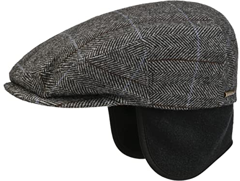 Stetson Kent Ohrenklappen Flatcap Herren - Schiebermütze mit Klappen für Ohren - Flatcap mit Fischgrätmuster - Ohrenmütze Herbst/Winter - Schirmmütze grau-schwarz M (56-57 cm)