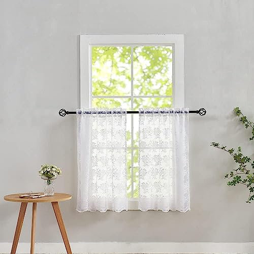 Cafe Curtains 30 Inch Length Pair - Vintage Short Sheer Lace Kitchen Curtains, Scalloped Half Window Tiers, Mini Front Door for Small Window Privacy, Desk Cabinet 26 x 30 White