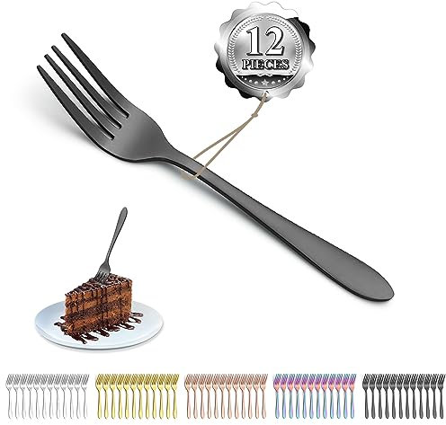 Kyraton Fourchettes à dessert noires 12 pièces 14cm Fourchettes à dessert noires plaquées titane en acier inoxydable, fourchettes à gâteau, fourchettes de fruits, fourche argenterie