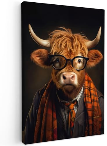 MuchoWow© Bild auf Leinwand 40x60 cm Schlafzimmer Bilder Wand Deko Wohnzimmer Modern Wanddeko Bilderwand Geschenk Schottische Hochlandrind - Kuh - Highland Cow - Brille - Halstuch - Tier