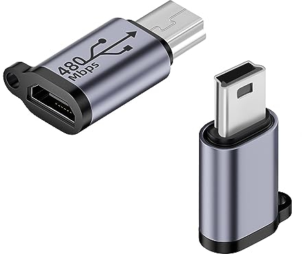 QIANRENON Lot de 2 mini adaptateurs USB mâle vers micro USB femelle vers micro USB 2.0 connecteur de données 480 Mbps 18 W 9 V/2 A, alliage d'aluminium / trou de crochet, pour appareil photo