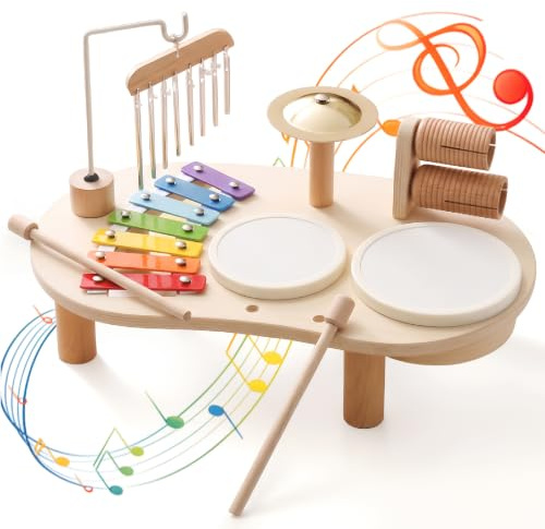 Instruments de Musique pour Enfants de 1 à 3 Ans, Batterie Montessori avec Tambour, Xylophone Et Percussions, Jouet Musical, Cadeau pour Filles Et Garçons