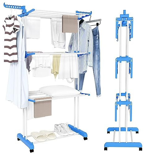 Trintion 3 Tier Clothes Drying Rack, Adjustable Rolling Laundry Hanger, Foldable Wings Large Stainless Steel Garment Dryer with Casters for Outdoor Indoor(Blue)