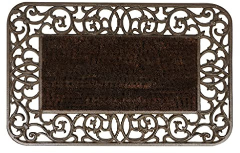 Cast Iron Doormat Vintage Style Ornate Scrolled Recycled Metal Door Mat Boot Brush Traditional Welcome Mat Porch Doorstep Shoe Scraper with Antique Brown Finish Rustic Porch Entryway Decor