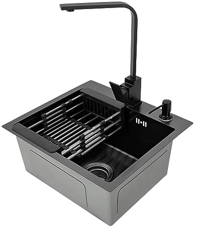 Fregadero de cocina negro 40 x 45 cm, fregadero de cocina con grifo de acero inoxidable 304, fregadero de montaje superior 1 lavabo con accesorios, fregadero para lavavajillas
