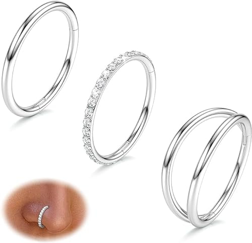 Diamday 3stk Nasenpiercing Ring 316L Chirurgenstahl Nasenring Piercing 16G/18G/20G CZ Conch Piercing Nasenring Gold Silber Septum Clicker Lippen Ring Helix Rook Tragus Daith 7mm/8mm/9mm/10mm