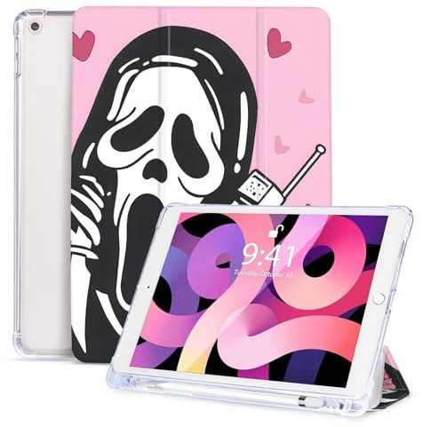 Vozehui Coque pour iPad 10.2 Pouces 9ème/8ème/7ème Génération Coque Rose avec Support Pencil, Veille/Réveil Automatique pour Coque Fantôme de Dessin Animé pour Femmes Hommes, 2021/2020/2019, Rose
