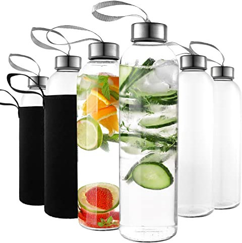 Kitchen Lux Lot de 12 bouteilles d'eau en verre réutilisables avec couvercles hermétiques, sangle de transport en acier inoxydable et manchons de protection en nylon pour boissons chaudes ou froides