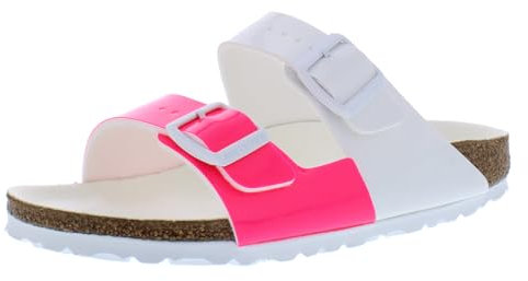 Birkenstock Sandali Madrid Birko-Flor da donna, nero Birko-Flor, rosa fluo/bianco verniciato, modello stretto, 37
