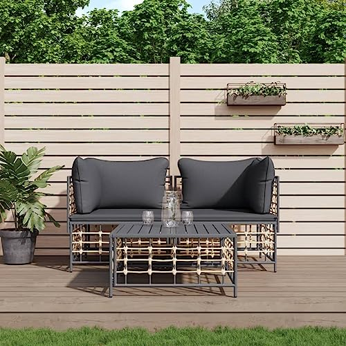 Blukee 3-TLG. Garten-Lounge-Set mit Kissen Anthrazit Poly Rattan Balkon Lounge Klein Balkonlounge Garden Furniture Sets Balkonsofa Gartensofa Loungemöbel Balkon Outdoor Sofa Gartenlounge Outdoor