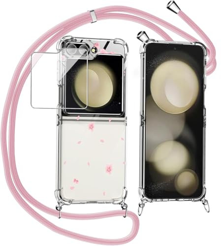 KJYLPO Coque pour Samsung Galaxy Z Flip 6 avec Verre Trempé Protection écran Étui pour Téléphone Collier Transparente Bumper Lanyard Case Tour de Cou Chaîne Cordon Lanière Housse Etui - Rose1