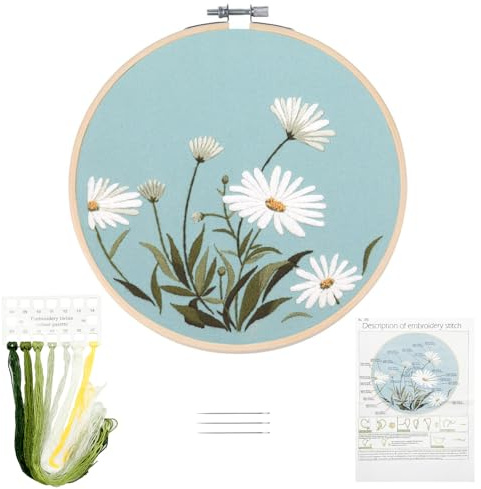 SwirlColor Stickset Erwachsene Daisy Leinen DIY Stickerei mit Muster, Bedienungsanleitung, Faden, Nadel, 1 Reifen