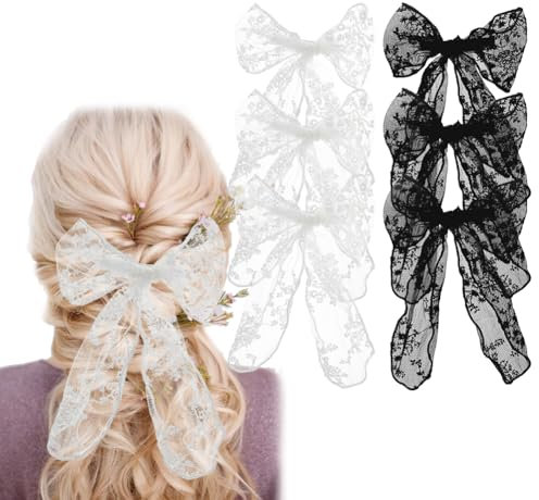 SUPERFINDINGS 6 pezzi di Mollette per Capelli A Fiocco 2 colori Grandi Mollette In Pizzo e Tulle Nero e Bianco Accessori Eleganti per Acconciature Da Matrimonio Sposa