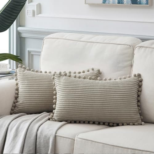 Fancy Homi Lendenkissenbezüge mit Pompons, rechteckig, 30 x 50 cm, weiche Kordsamt-Kissenbezüge für Couch, Sofa, Schlafzimmer, Auto, Boho-Stil, Neutral-Taupe, 2 Stück