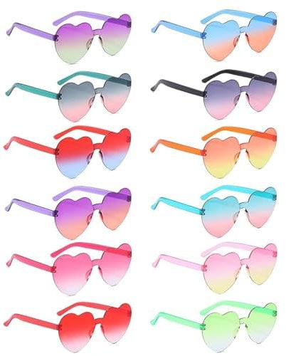 dogmoon Party Glasses, 12 PCS Heart Shaped Festival Glasses, Party Glasses, Funky Glasses, Hippie Rimless Glasses, Retro Party Glasses for Men Women Hippie Fancy Dress Accessory(12 Colors)