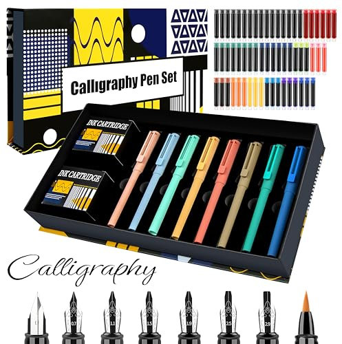 SPEFWTUP Calligraphy Set Fountain Pens with 8 Different Size Nibs and 60 Ink Cartridges(12 Colors),Calligraphy Pen Set for Beginner Writing Drawing Practice
