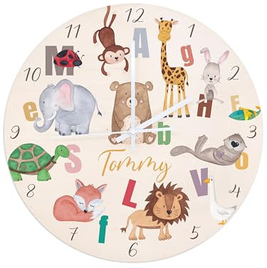 wunderwunsch® - Personalisierte Wanduhr Kinder aus Holz mit Spezial-Druck - Lautloses Uhrwerk mit Aufhängung - Babyzimmer Deko Kinderzimmer (Tiere ABC)