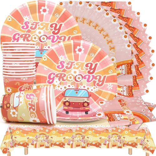 Huaxintoys 53 Piezas Boho Arco Iris Cumpleaños Vajilla, Vajilla De Fiesta Para Margaritas,Decoraciones de fiesta Groovy,Incluyendo Arco Iris Tazas de Papel Servilletas Platos de Papel para