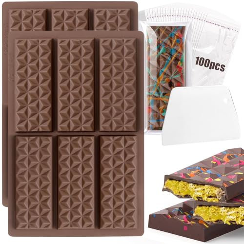2 Pcs Break Apart Chocolate Moulds Silicone Candy Molds with Bags and Scrapers, Moulds Large Silicone Rectangle Shapes Baking Models for Make Delicious Chocolate Wickless Wax Melts