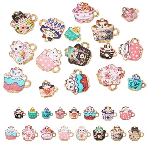 Sparkeads Lot de 16 breloques en forme de chat en émail pour la fabrication de bijoux avec tasse à café - Pendentifs en alliage pour colliers, bracelets, boucles d'oreilles, loisirs créatifs, Métal
