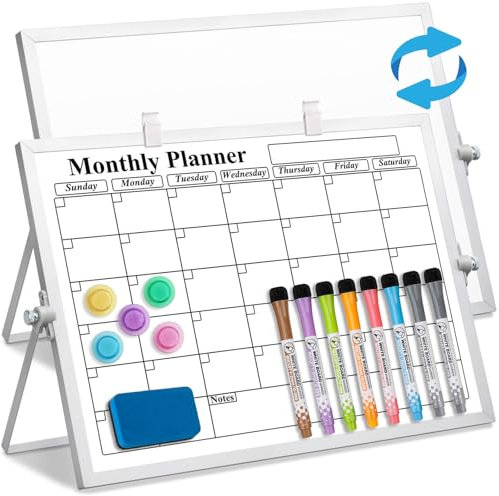 LISSCHANN Dry Erase Whiteboard Monthly Calendar with Stand, 40 x 30 cm Double-Sided Desktop White Board, Small A3 Magnetic Planning Board Set with 8 Markers, 5 Magnets, 2 Marker Holders & 1 Eraser