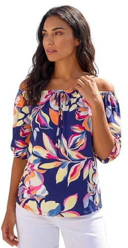 Roman Bardot Top Off Shoulder Blouse for Women UK - Ladies Floral Print Shirt Palm Leaf Tropical Ditsy Cold Shoulder Jersey Frill Cuff Summer Spring Holiday