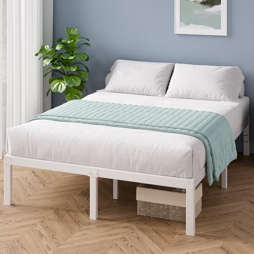 ZINUS Elias Double Bed Frame – Bed 135x190 cm – 30cm Height – Platform bed frame with steel slat support – Modern Design - Easy Assembly – White