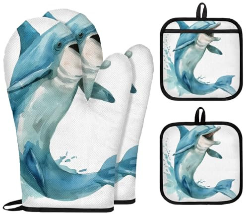 Mintoprints Lot de 4 maniques et maniques drôles de dauphin, gants de cuisine résistants à la chaleur pour la cuisine, la pâtisserie