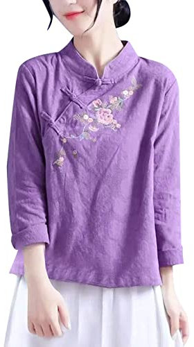 Chemises Qipao brodées pour femme - Élégantes à manches longues - Col mandarin - Boutons grenouille - Haut Cheongsam chinois oriental - Vêtements traditionnels - Chemisier chinois pour femme, 1-violet