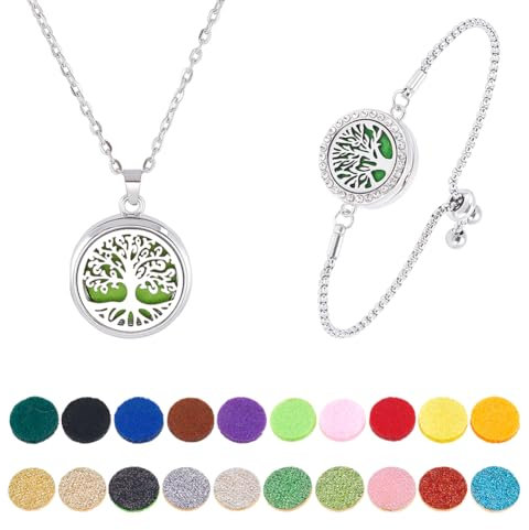 PH PandaHall 2pcs Ätherisches Öl Diffusor Armband Halskette Set, Baum des Lebens Edelstahl-Anhänger Einstellbare Aromatherapie Locket-Schmuck mit 20 zufälligen Farbe Refill Pad für Frauen Mom Geschenk