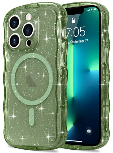 Pepmune for iPhone 13 Pro Case Clear [Compatible with Magsafe] Bling Sparkle Glitter Magnetic Cover,Soft TPU Curly Wavy Frame & Hard PC Back,Slim Shockproof Wave Phone Case for Women Girls-Dark Green