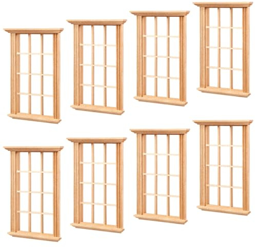 Cabilock 8 Stück Puppenhaus Fensterrahmen aus Holz, 12-Raster Miniatur Fenster 1:12 Modellbau Zubehör, Unlackierte Mini Holzfenster für DIY Fee Haus Garten & Puppenstube Möbel Dekor