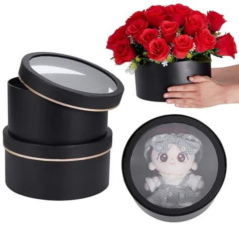 BENECREAT 2 x Runde Geschenkbox Zum Verschachteln. 22.5cm 24.2cm Große Runde Blumenkästen Mit Durchsichtigen Deckeln Schachteln Für Blumenarrangements Dekoration Für Hochzeiten Partys (Schwarz)