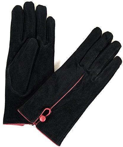 SNUGRUGS Womens Soft Suede Gloves with Leather Piping, Button Detailing