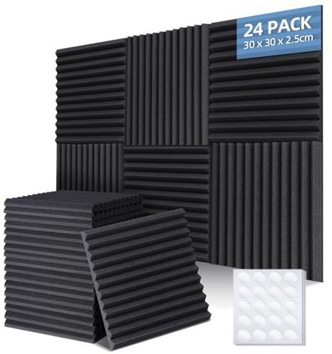 Ohuhu Schallschutzplatten 24 Stück mit Aufkleber, 30 x 30 x 2,5 cm Akustikschaumstoff Schallschutz Schalldämmung Akustikpaneele für Tonstudio Podcasts Gaming Deko