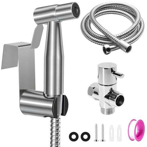 Set Doccetta per Bidet, Idroscopino per WC con Tubo Flessibile da 1,5m, Supporto & Adattatore, Facile da Installare (Argento)