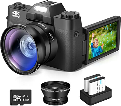Fotocamera digitale 4K,Fotocamera Vlogging con WiFi per YouTube,Autofocus Zoom 16X Fotografia Fotografia Fotografia 64GB SD Card,Grandangolo e Obiettivo Macro,2 Batterie,Schermo Flip 180°