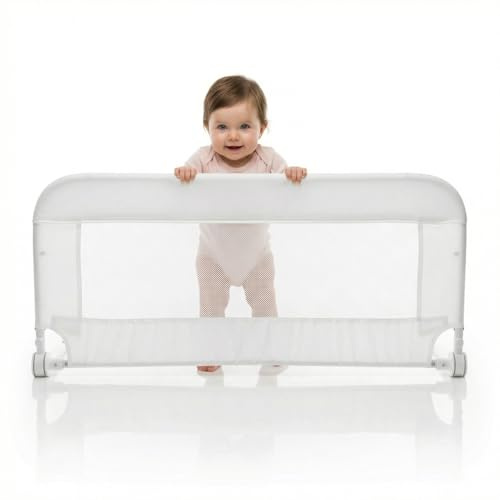 PLASTIMYR Barandilla Cama Plegable Abatible Ultraligera 95 cm – Barrera Niño Bebé | Malla Seguridad Anticaídas (Blanco)