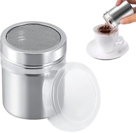 Kakaostreuer mit Deckel und 16 Kaffeeschablonen | Kakaostreuer mit Deckel und 16 Schablonen für Cappuccino, Kakao, Puderzucker, Mehl und dekorative Backmotive.